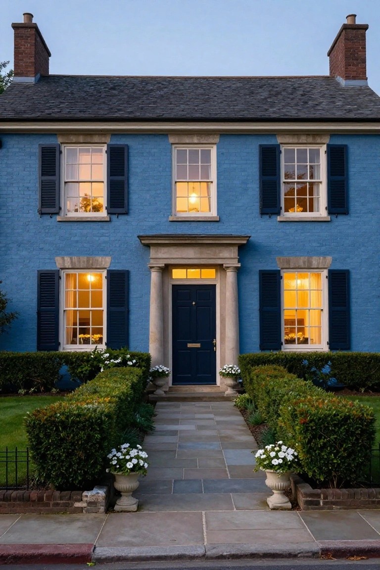 A two-story deep blue painted brick house with a central stone portico entry, lit multipane windows, dark shutters, boxwood hedges, and potted white flowers flanking a slate stone pathway at dusk.
