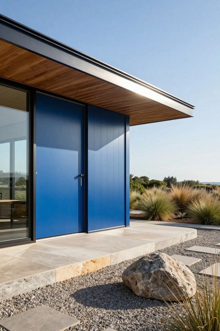 Contemporary house exterior with tall blue double doors, black metal frame, adjacent glass panel, overhanging wooden ceiling, stone terrace, gravel ground cover, clump grasses, and a large boulder.