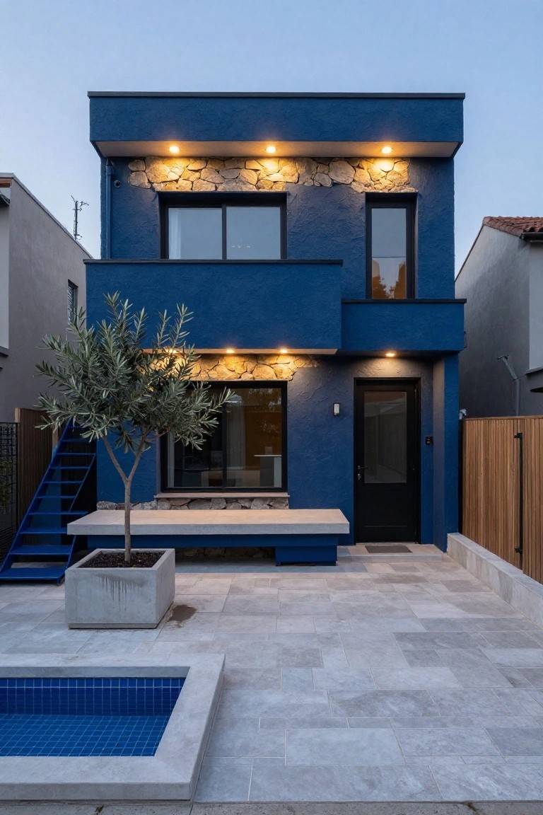 Modern two-story house exterior in deep blue stucco with light stone cladding accents around windows and entry, black front door, blue metal stairs, olive tree in concrete planter, small blue-tiled pool, and gray tiled courtyard at dusk.