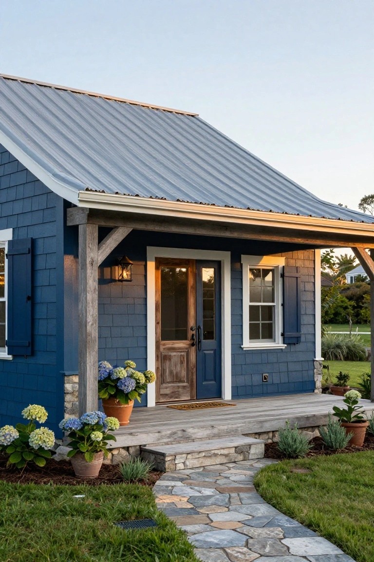 Small blue shingled house with metal roof, covered wooden porch, white-trimmed windows and door, stone foundation and base, potted blue hydrangeas on porch, and stone path in grassy yard.