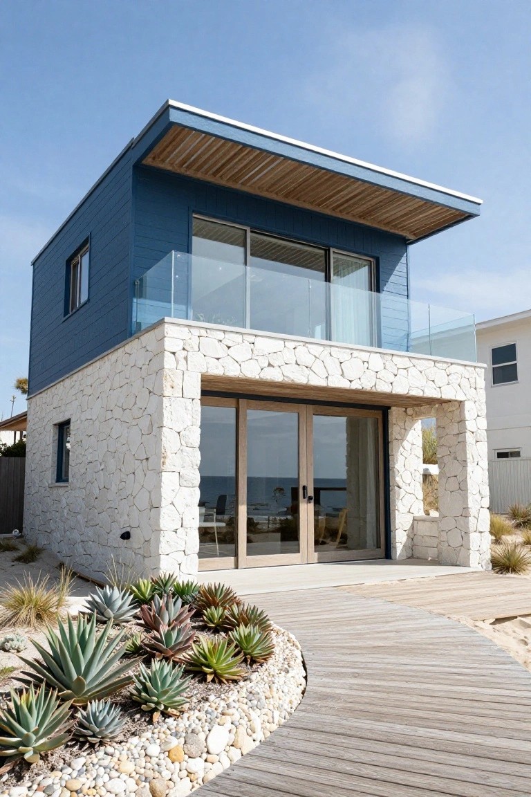 Two-story beachfront house with blue vertical wood siding on upper level, white stacked stone on lower level and entry, glass balcony railing, large wooden doors, agave plants, pebbles, and curved wooden boardwalk path.