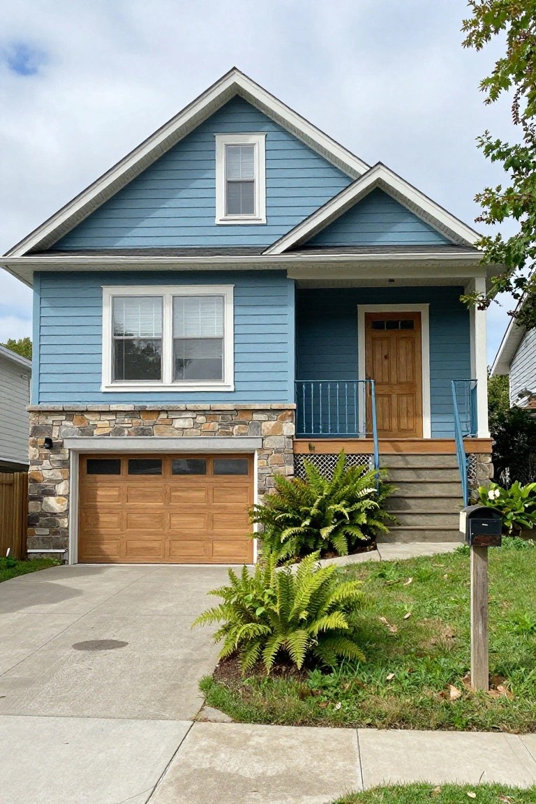 Front exterior of a light blue clapboard two-story house with stone foundation, wood garage door, porch with wooden entry door and steps, ferns, mailbox, and concrete driveway.