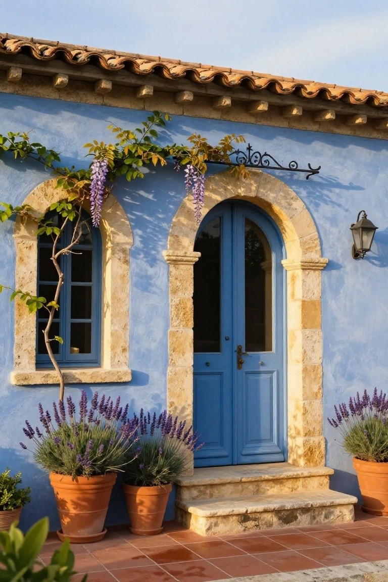 Blue stucco house exterior featuring an arched stone doorway with double blue doors, wisteria vine draped over the arch, lavender in terracotta pots flanking the entry steps, and a wall lantern light.