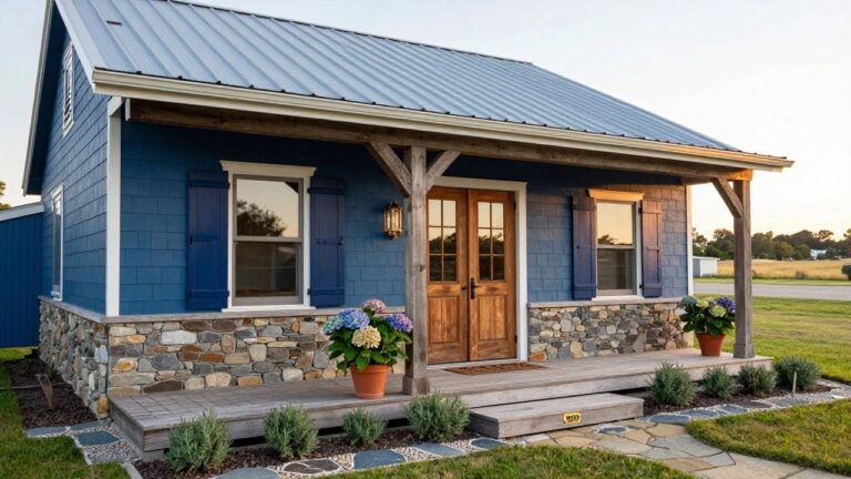 Small blue shingled house with metal roof, covered wooden porch, white-trimmed windows and door, stone foundation and base, potted blue hydrangeas on porch, and stone path in grassy yard.