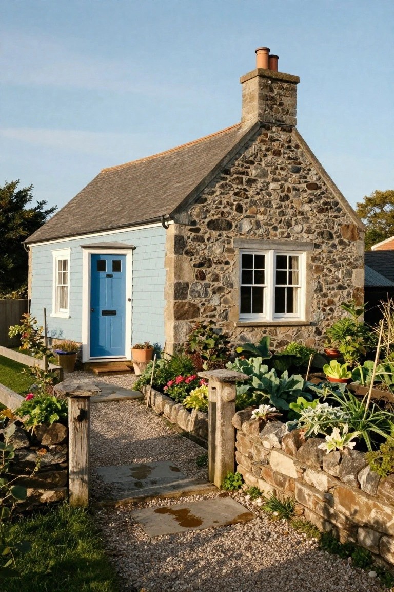 Small cottage exterior with light blue clapboard siding on upper walls, rough stone on lower walls and chimney, blue front door, double window, gravel path, and surrounding garden beds with plants.