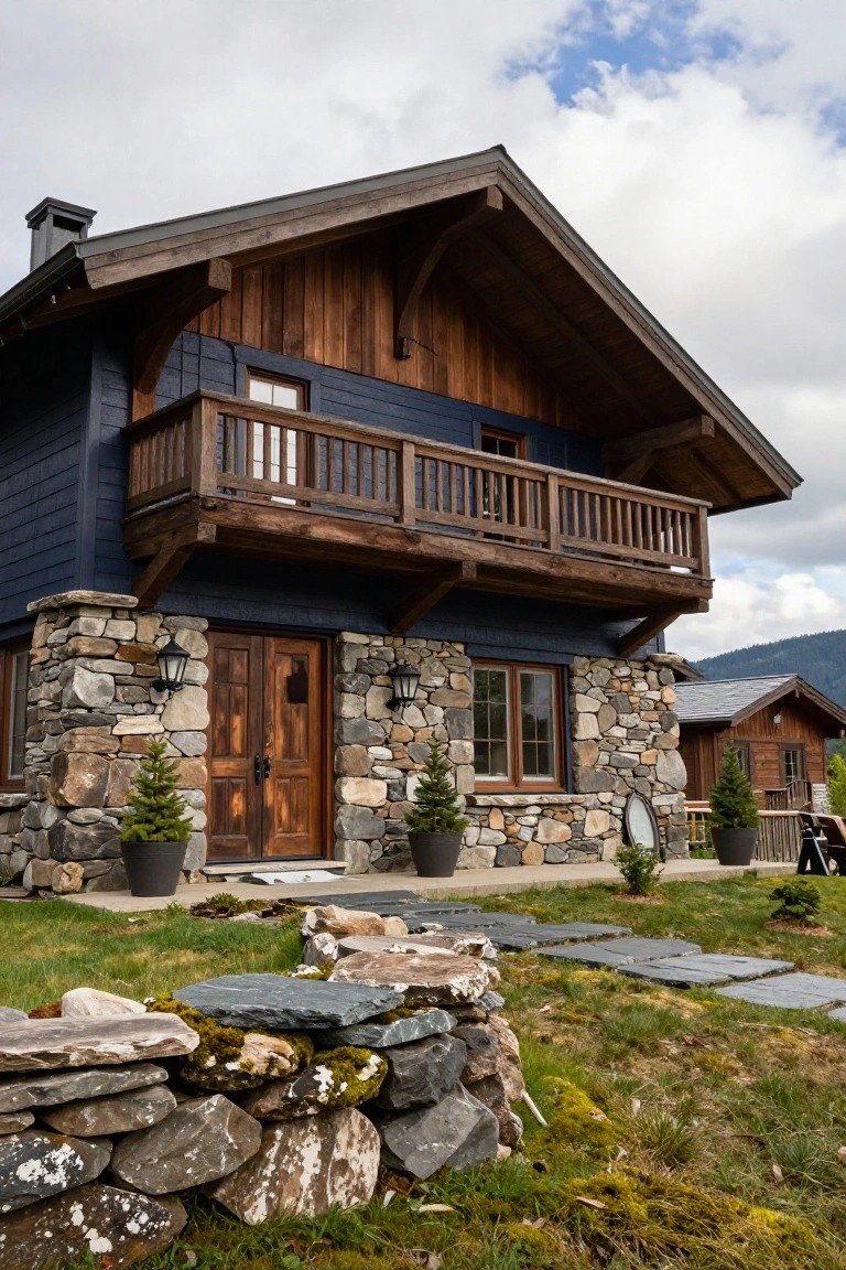 Two-story chalet house with navy blue wood siding, stone foundation and pillars, wooden balcony and entry doors, potted evergreens, and a mossy stone wall in front on a grassy yard with mountains in the background.