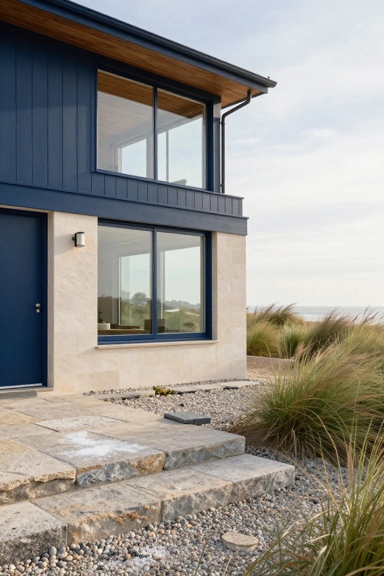 House exterior featuring navy blue vertical wood cladding on upper walls, light beige stone base and sills, large glass windows, blue front door, exterior light, stone steps, pebble mulch, and tall beach grasses with ocean view in background.
