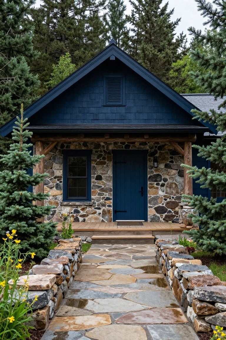 Dark blue shingle-sided cabin with fieldstone lower walls, wooden porch, blue door, and stone pathway leading through low rock walls, surrounded by pine trees and flowers.