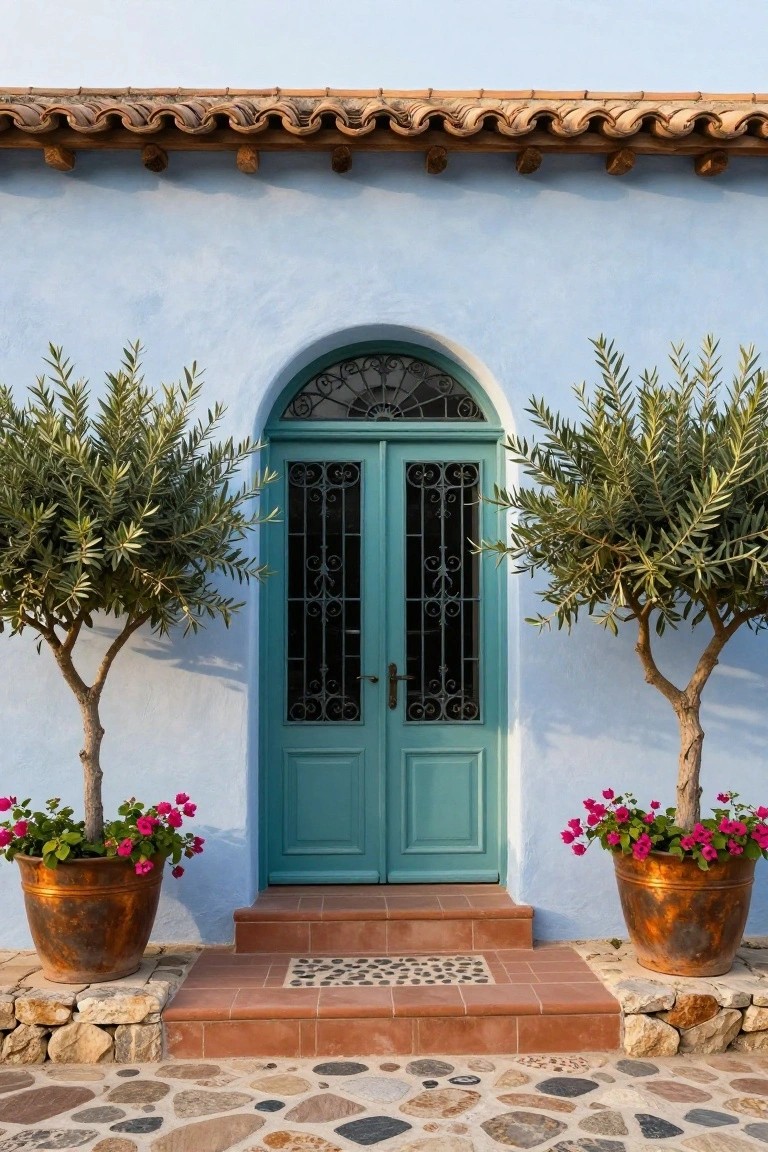 Light blue stucco house facade with arched turquoise double doors centered between two potted olive trees in copper urns and pink bougainvillea pots, terracotta tile roof overhang, red stone steps, and pebble stone path.