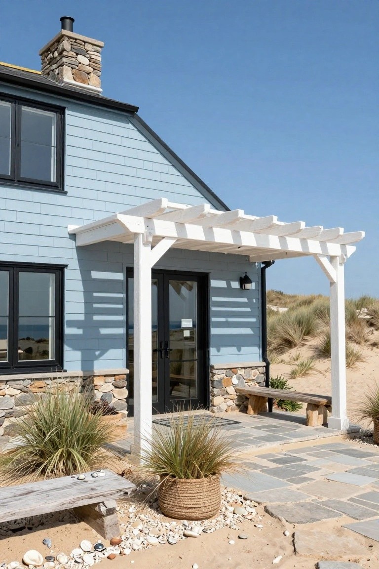 Blue clapboard house exterior featuring a white wooden pergola over black double doors, stone foundation, wooden bench, potted grasses, shells on sand, and dunes in the background.