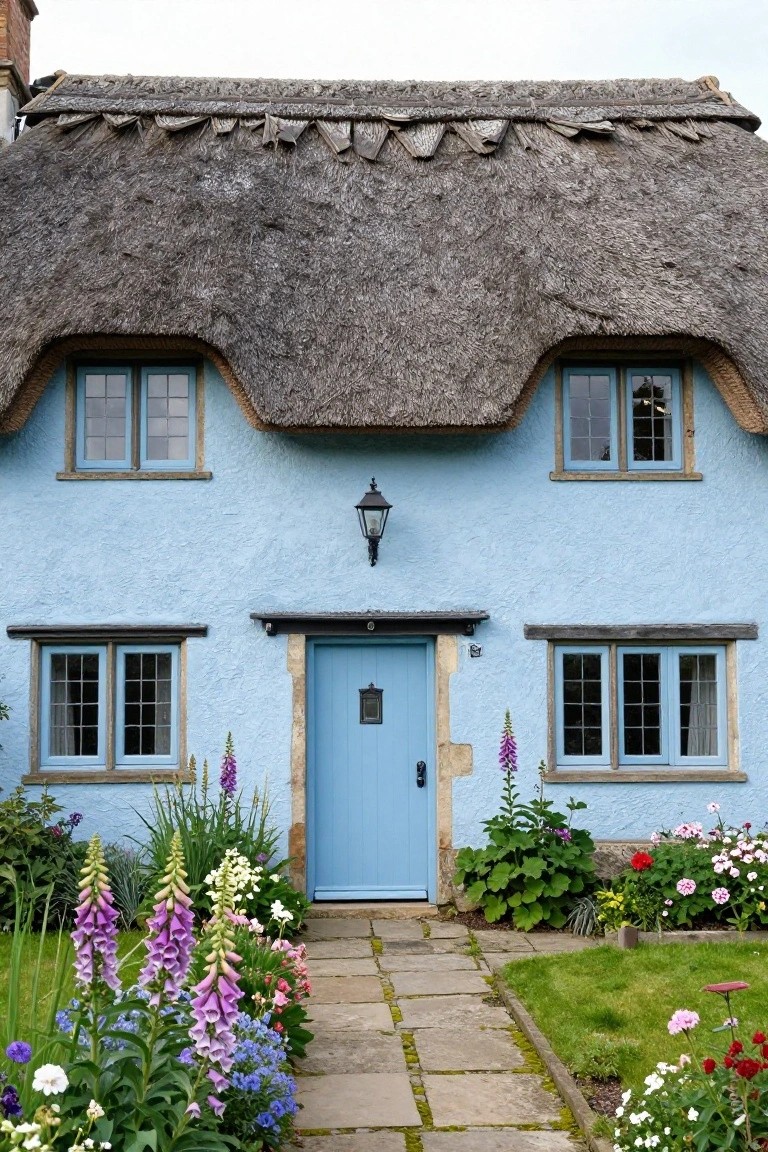 Light blue thatched-roof cottage with white-framed windows, blue front door in stone surround, lantern light, stone path, and colorful flowers in the front garden.