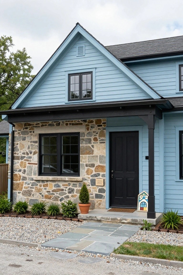 Front view of a light blue clapboard house with a gabled roof, stone base around the black front door and window, covered porch with black posts, potted plant, and gravel yard with stone path.
