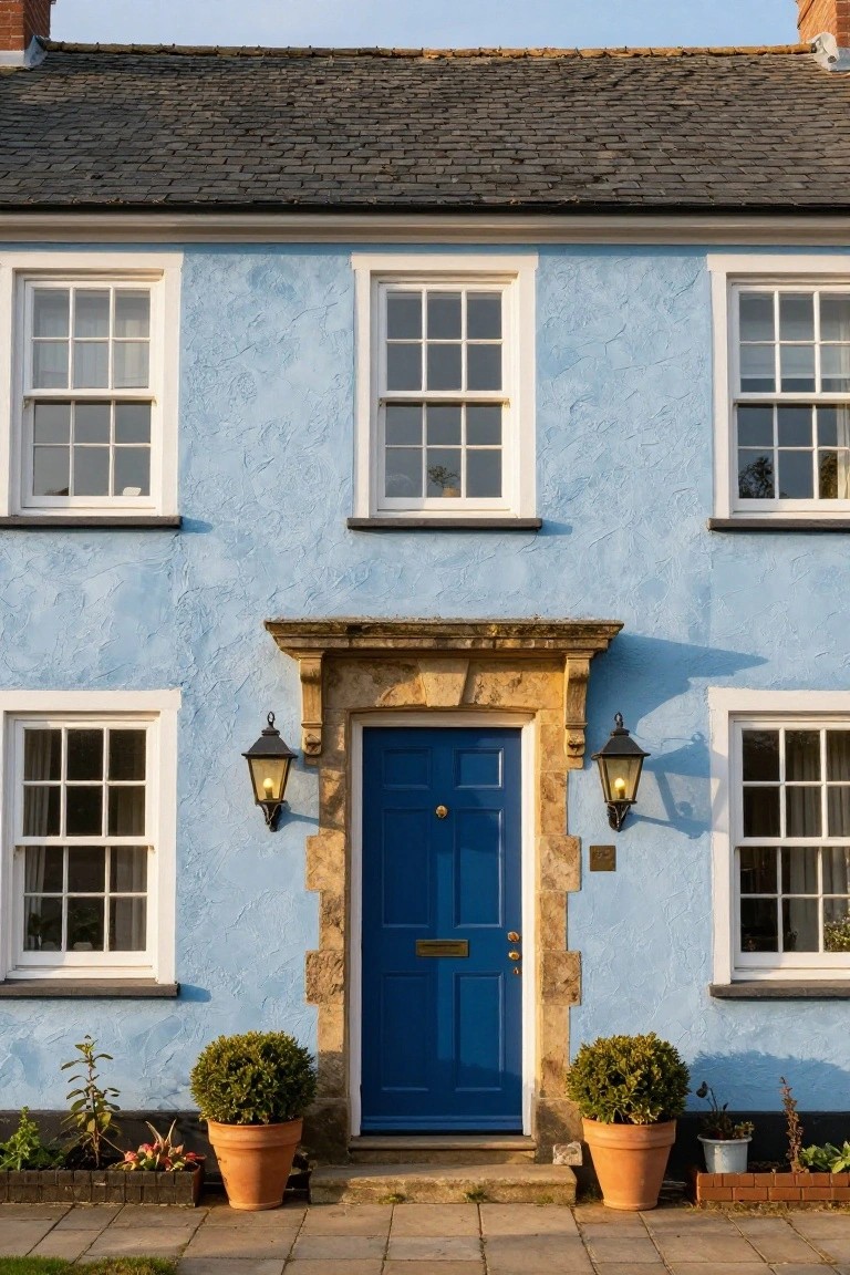 Stone Entry on Blue House Walls