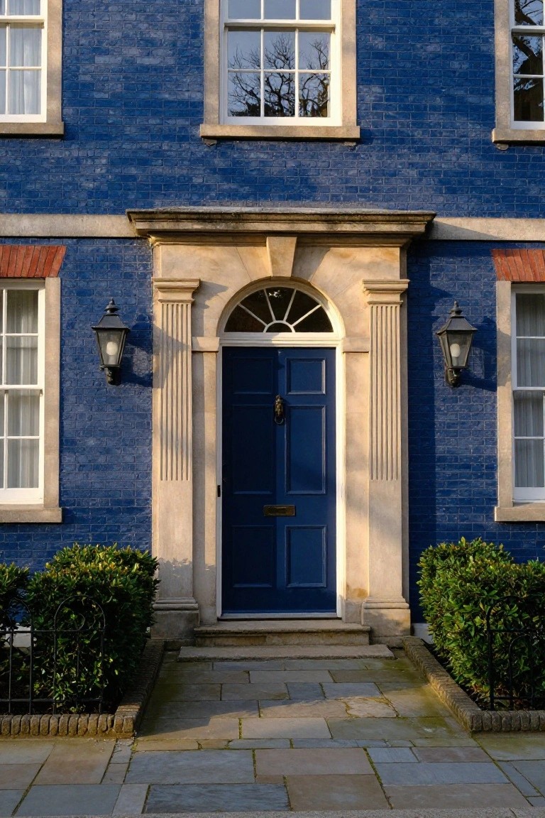 Blue brick townhouse facade centered on a light stone pediment with fluted columns, arched doorway, navy blue front door, brass knocker, wall lanterns, and boxwood shrubs beside a stone path.