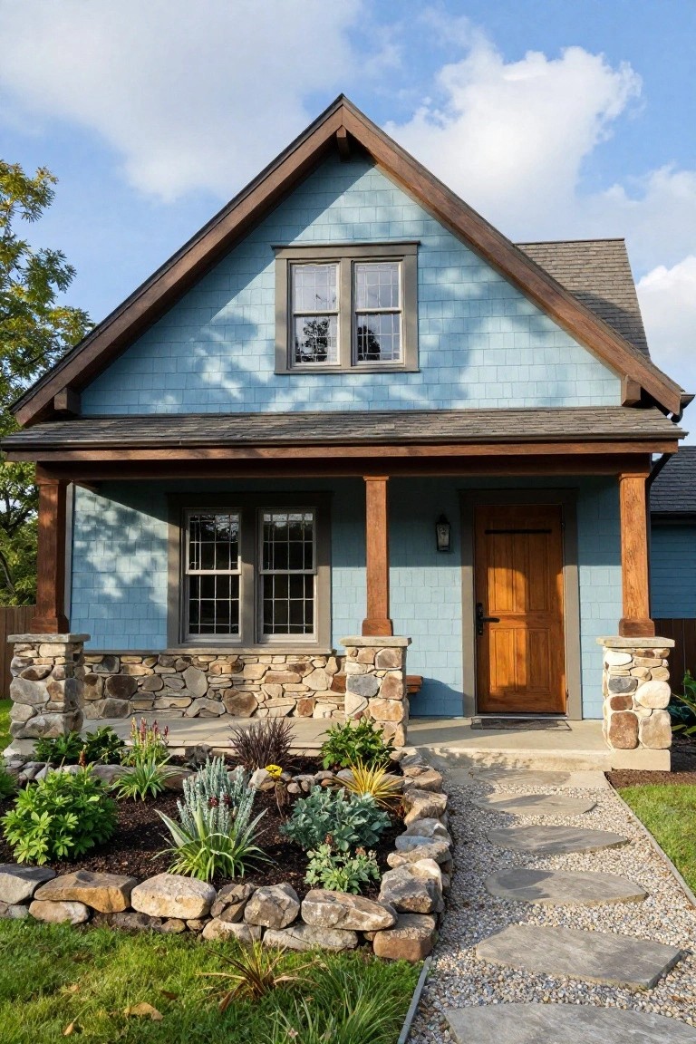 Blue shingle-sided house with gabled roof, front porch supported by stone pillars and timber posts, wooden entry door, stone base, garden beds, and stepping stone path.