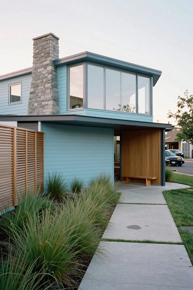 Light blue sided house exterior featuring a tall gray stone chimney, large corner glass windows, wooden entryway with bench, concrete walkway edged by ornamental grasses, and slatted wooden fence.