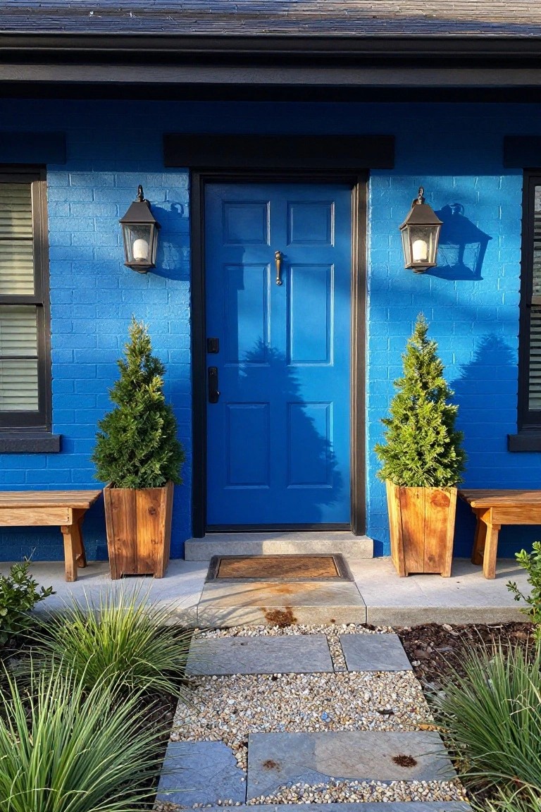 Blue brick house exterior with cobalt blue front door, black lanterns on either side, wooden benches and planters holding small evergreen trees, stone pathway with gravel and ornamental grasses.
