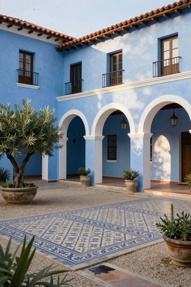 Blue stucco house exterior with white-trimmed arches, wrought-iron balconies, potted olive trees and plants, terracotta roof tiles, and a blue-and-white tiled courtyard floor.