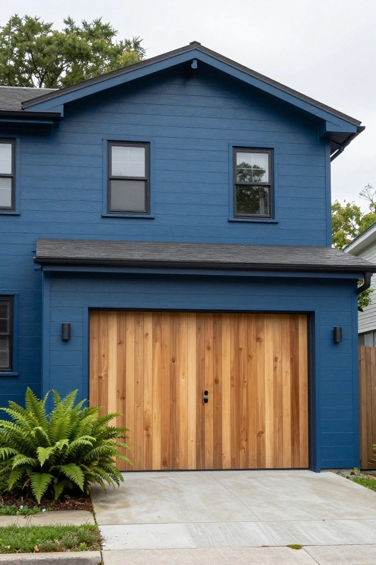 A two-story deep blue house with horizontal siding, black-framed windows, a large vertical wood-plank garage door, wall-mounted lights, and a potted fern plant next to the concrete driveway.