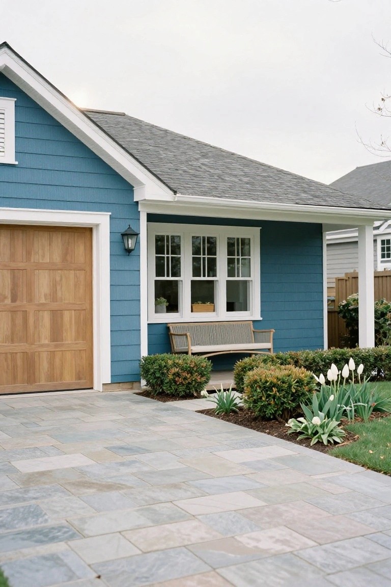 Blue shingle-style house exterior with wooden garage door, white-trimmed window, outdoor bench, lantern light, paver driveway, boxwood shrubs, and tulips in garden bed.