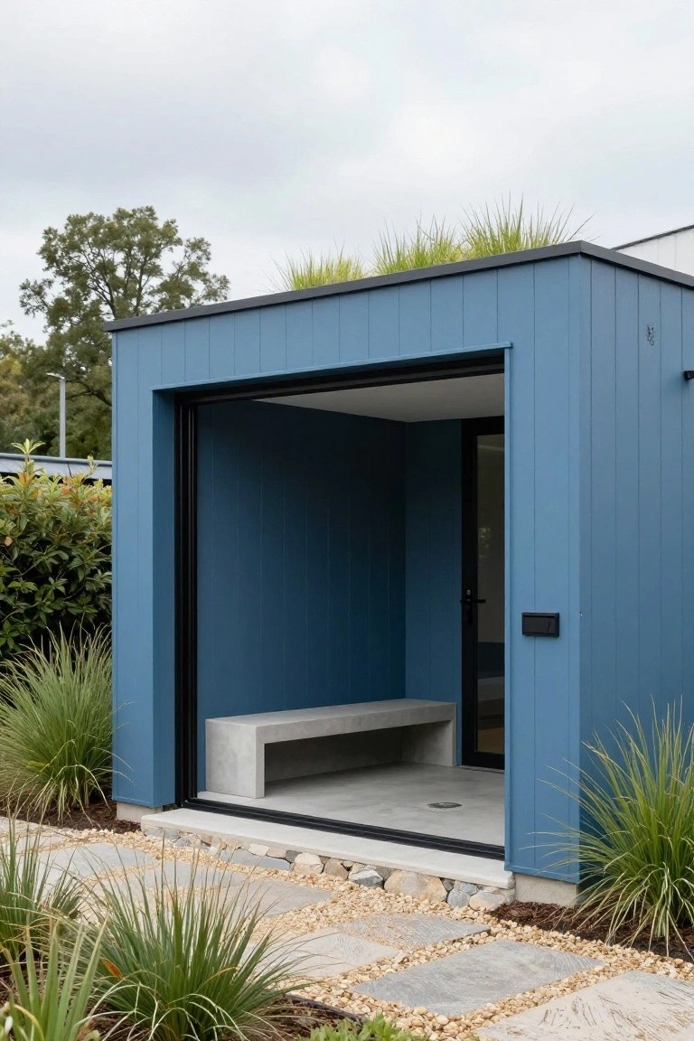 Blue vertical board-and-batten clad outbuilding with open sliding door revealing concrete bench inside, surrounded by grasses, pebbles, and stone pavers on a concrete slab.