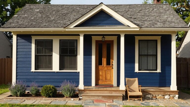 Front facade of a small navy blue clapboard house with white trim, wooden door featuring glass panels, porch with columns, potted lavender plants, and stone steps leading to gravel path.