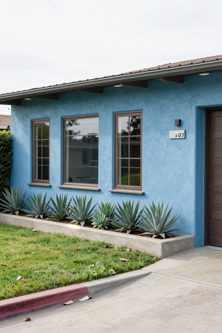 Blue stucco house exterior featuring three wooden-framed windows, a numbered garage door, and a row of agave plants in a concrete bed along the base, with grass lawn and driveway in front.