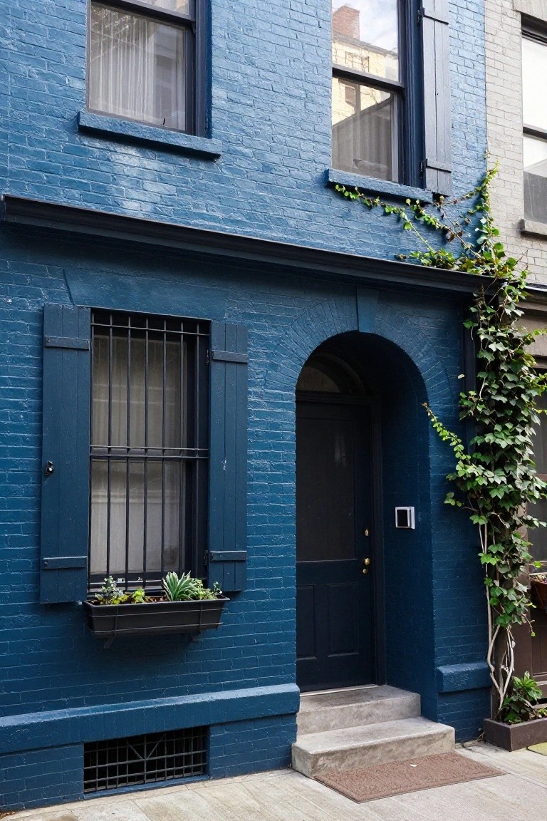 Deep blue painted brick townhouse exterior with arched black front door, dark shutters on barred windows, a window box with succulents, ivy along one side, and a small stoop.