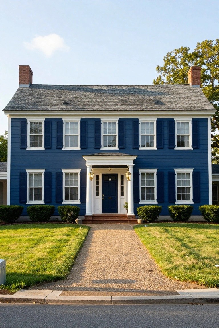 Two-story navy blue clapboard house with white trim, multiple double-hung windows with shutters, columned front porch with dark blue door, brick chimneys, gravel walkway to red brick steps, green lawn, shrubs, and oak tree nearby.
