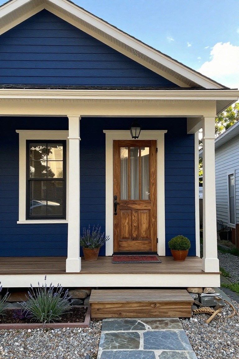 Front facade of a small navy blue clapboard house with white trim, wooden door featuring glass panels, porch with columns, potted lavender plants, and stone steps leading to gravel path.