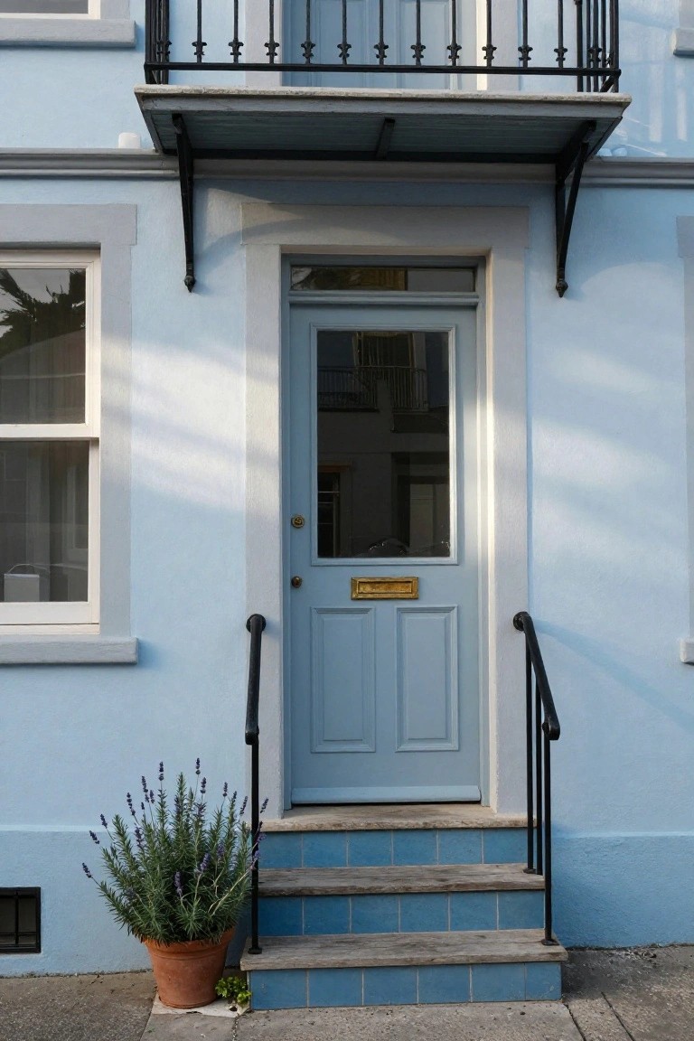 Light blue house exterior with blue front door, brass letterbox, black metal railing on steps and balcony above, and terracotta pot of lavender plant next to entrance.