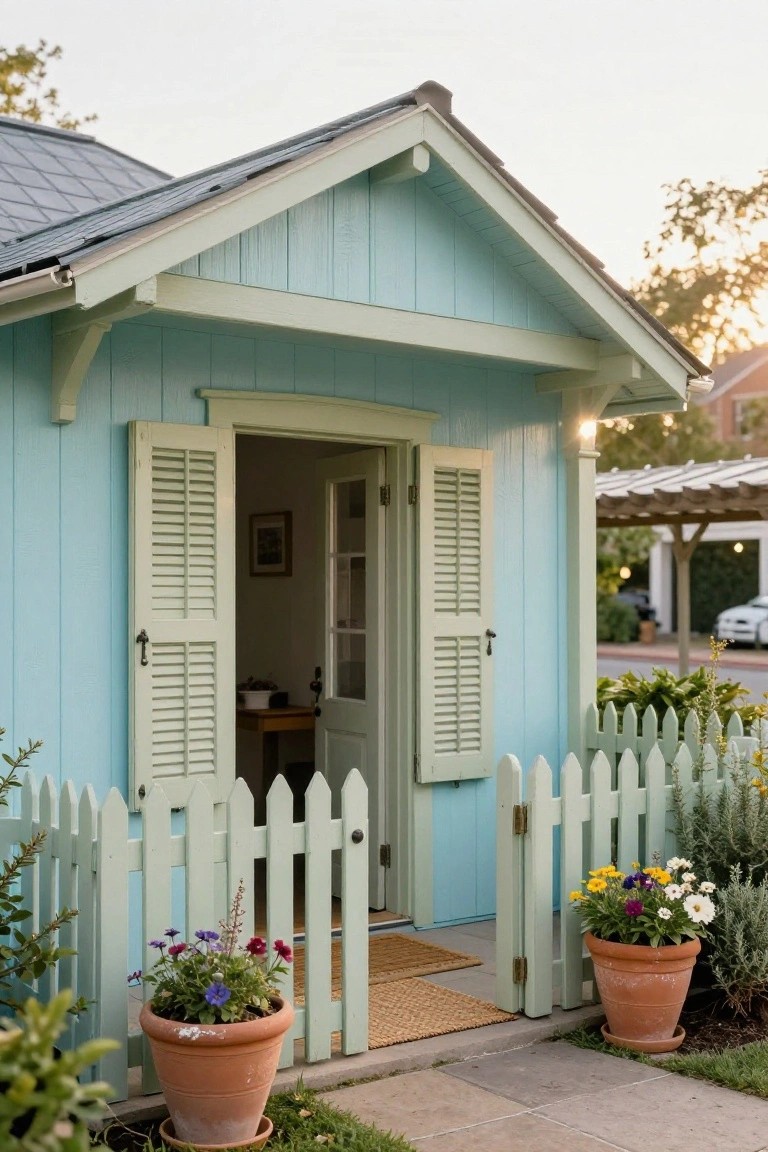 Small turquoise blue wooden garden shed with gabled slate roof, open white shutters on the door and windows, white picket fence, potted plants, and stone path in a front yard garden at sunset.