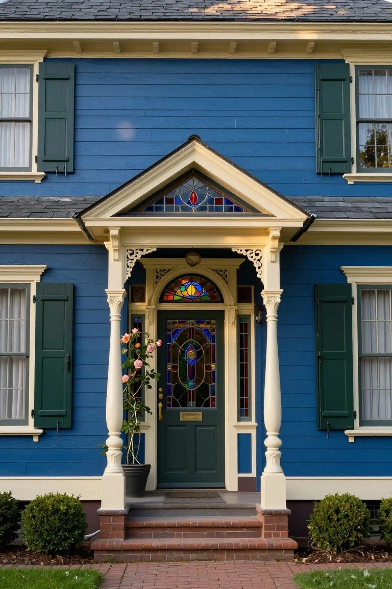 Front facade of a two-story blue clapboard house with cream trim and green shutters, featuring a covered porch with white columns, arched stained glass transom above a dark green door, potted roses, and brick steps.