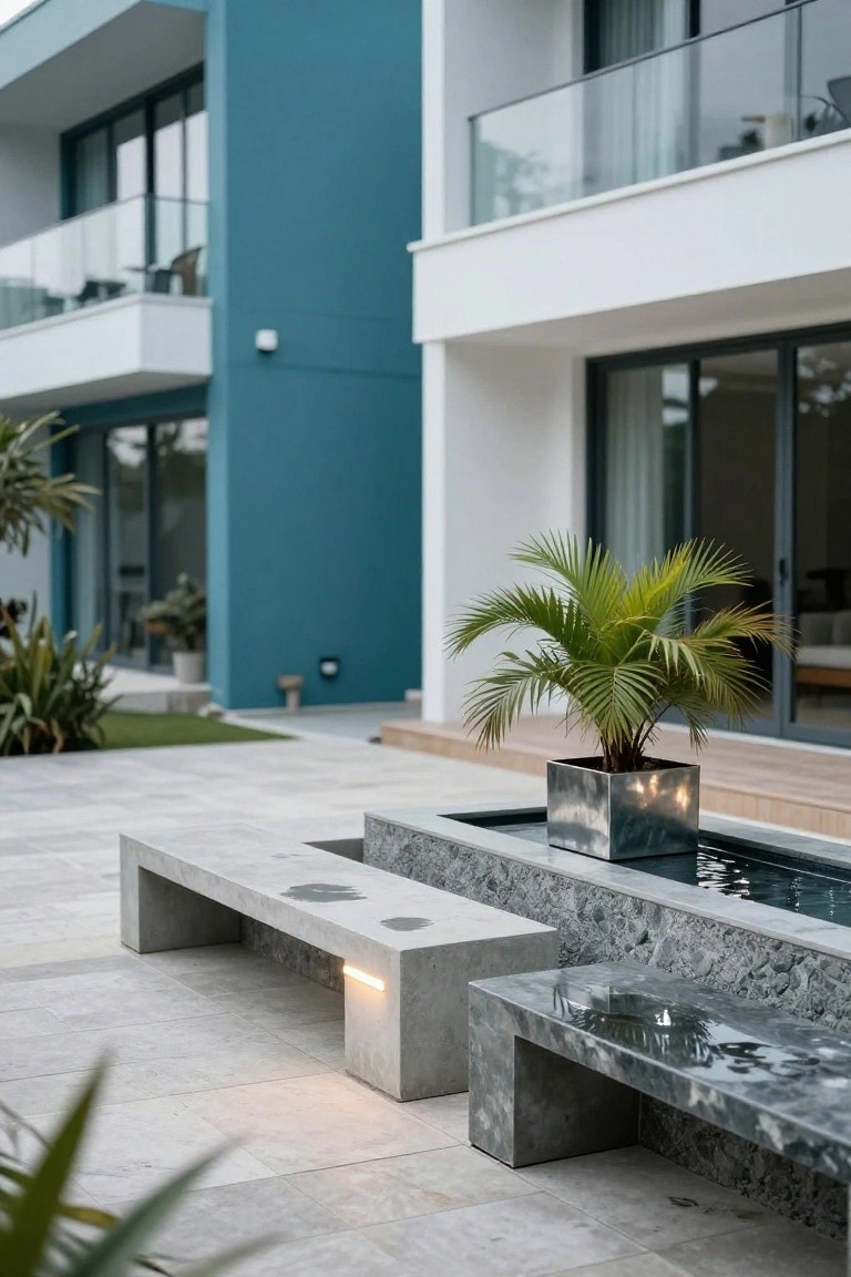Modern two-tone house exterior with a tall teal blue wall section next to a white facade, featuring glass balcony railings, large sliding doors, concrete benches by a shallow water feature, a potted palm plant, and light gray tiled patio.