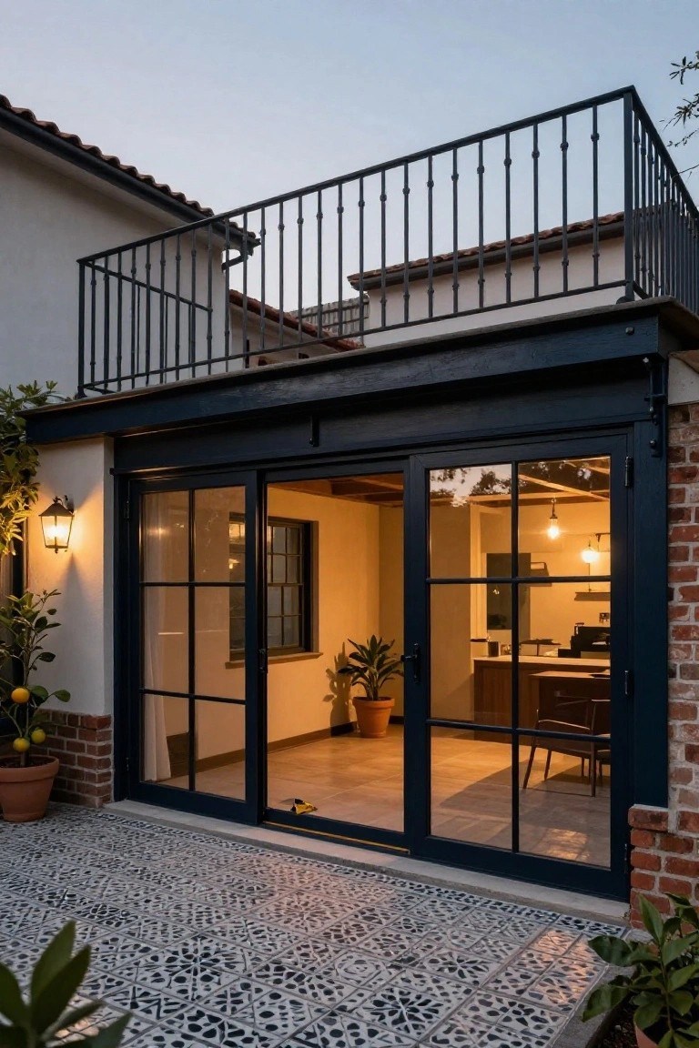 White stucco house exterior with black metal framed sliding glass doors open to an indoor kitchen, black balcony railing overhead, brick accents, patterned tile patio floor, and potted citrus trees.