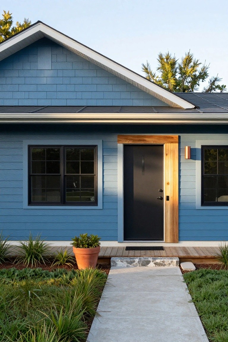 Front view of a blue shingle-style house with black-framed double-hung windows, black front door with horizontal wood trim and brass knob, copper wall sconce, terracotta pot with plant on wooden porch, concrete walkway, and low groundcover plants.