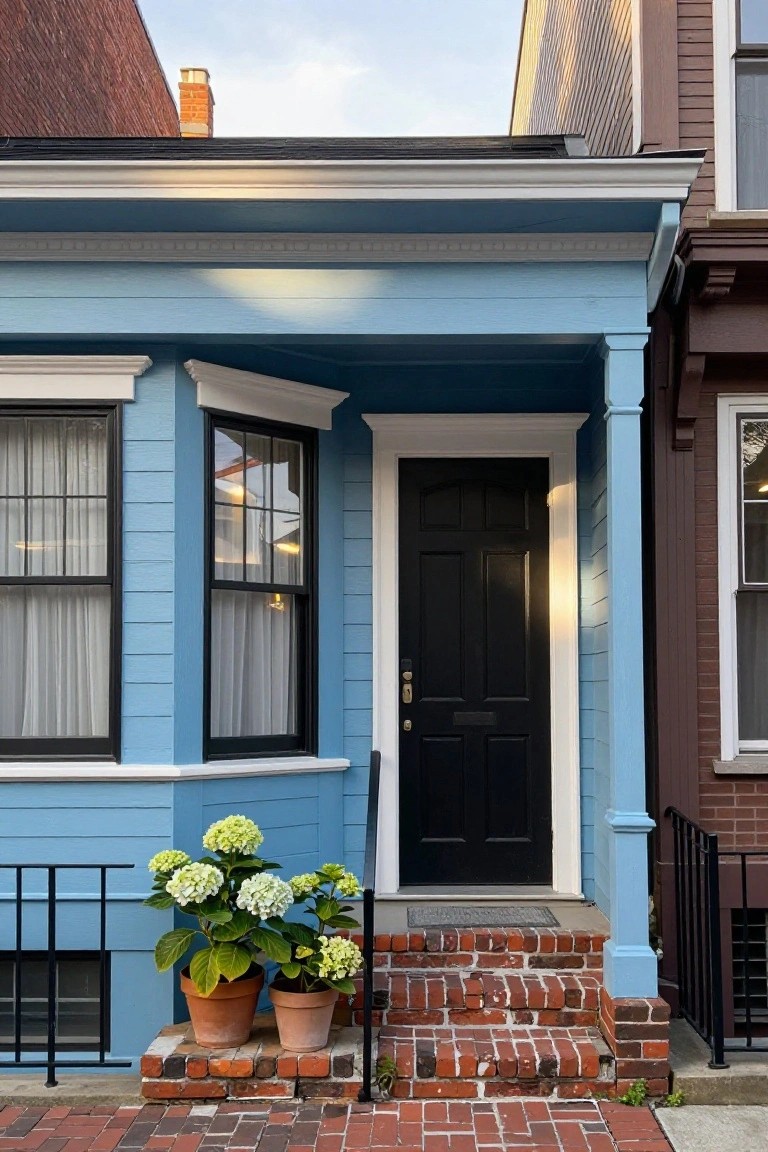 Blue clapboard house with white trim, black-framed bay window, black front door, two potted hydrangeas on brick steps, next to a brown house on a brick walkway.