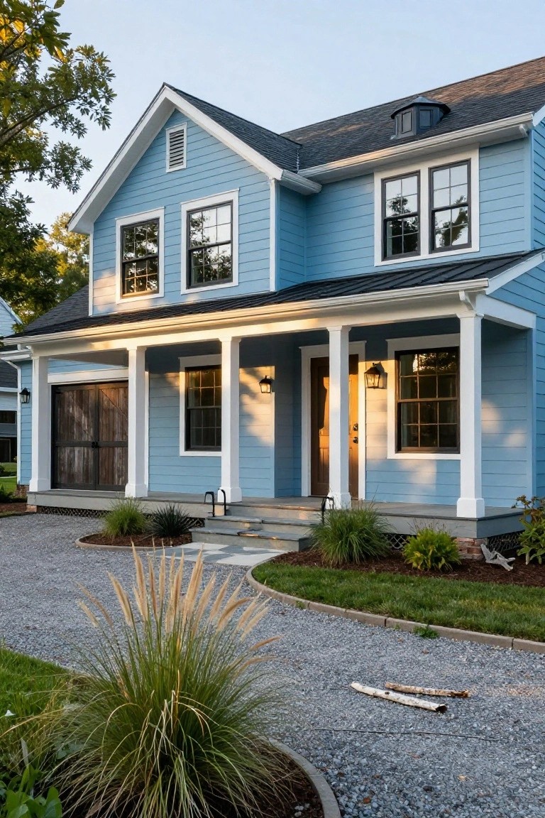 Light blue clapboard house with black-framed windows, white porch columns, dark metal roof, wooden front door, and gravel driveway edged by grasses and plants.