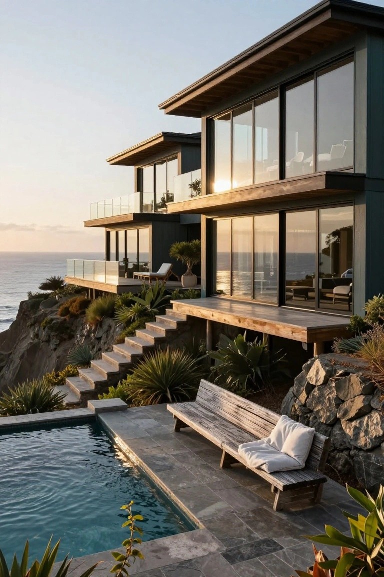 Multi-level modern house with dark blue-green siding, black-framed glass walls and windows, cantilevered wood decks, stone steps, infinity pool, bench, and landscaping on a rocky cliff overlooking the ocean at sunset.
