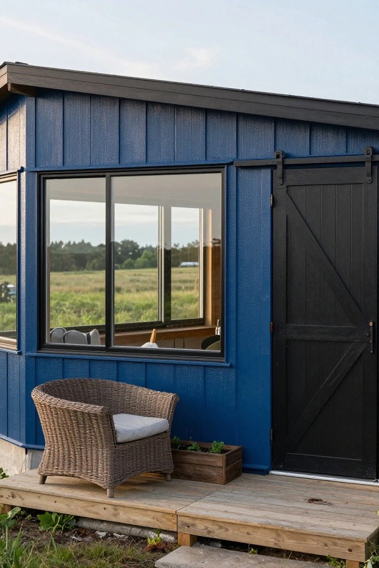 Small blue vertical board-and-batten shed with large glass window, black sliding barn door, wicker armchair, plant box, and wooden deck outside amid grass and fields.