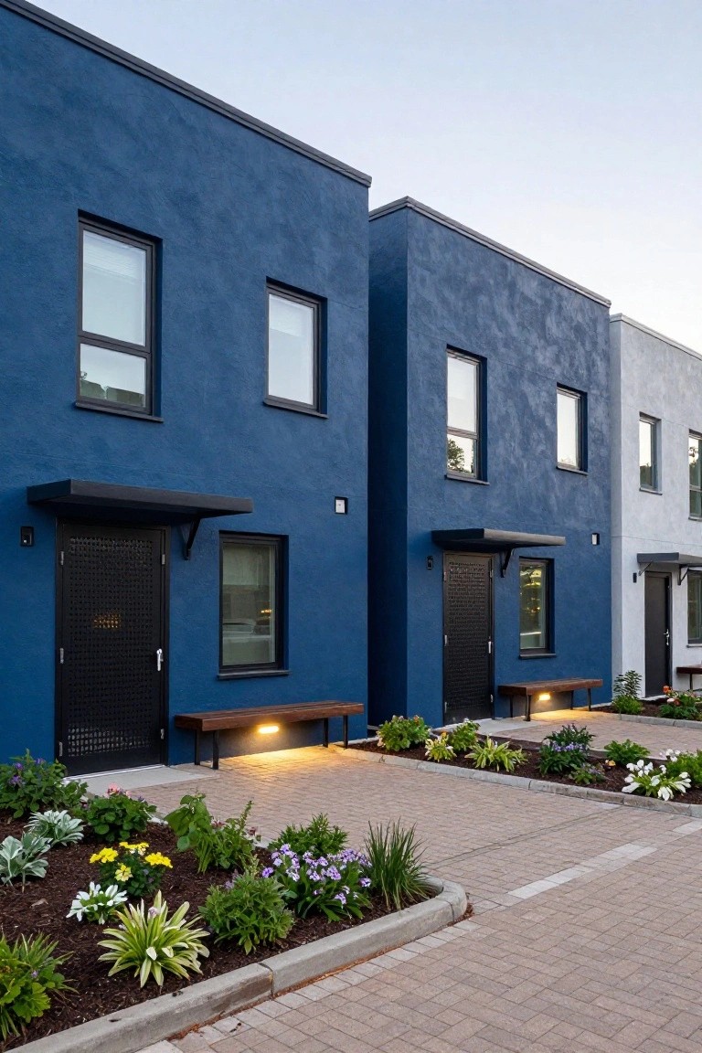Row of modern townhouses with navy blue stucco walls, black-framed windows and perforated metal doors, wooden benches with lighting, landscaped beds with flowers and plants, and paved walkways.