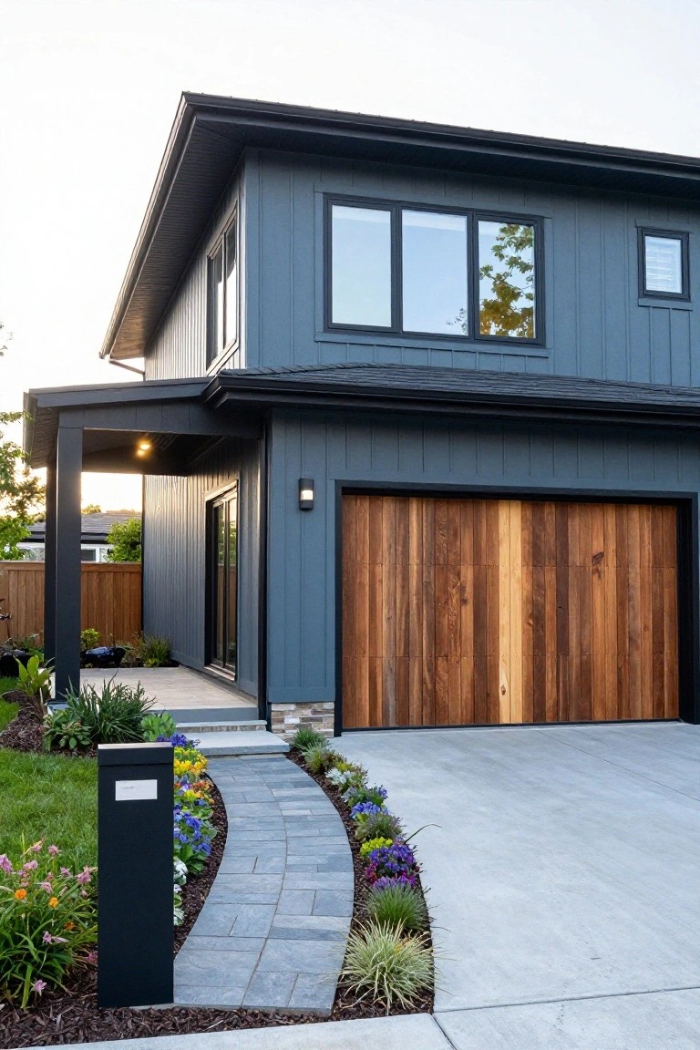 Two-story modern house with dark blue vertical siding, black-framed windows, dark roof, wooden garage door, concrete driveway, stone entry path, and landscaped flower beds.