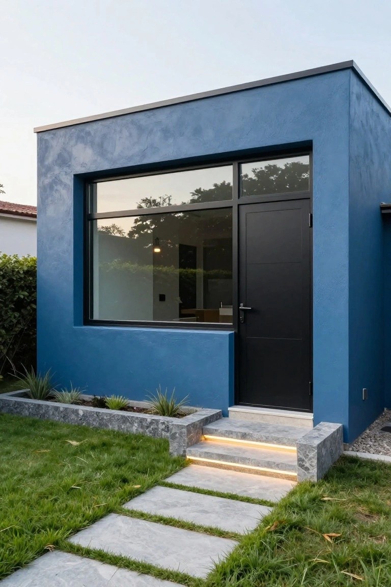 Blue stucco house exterior with large black-framed window, black front door, lit marble steps, stone pathway, low plants in raised bed, and green lawn.