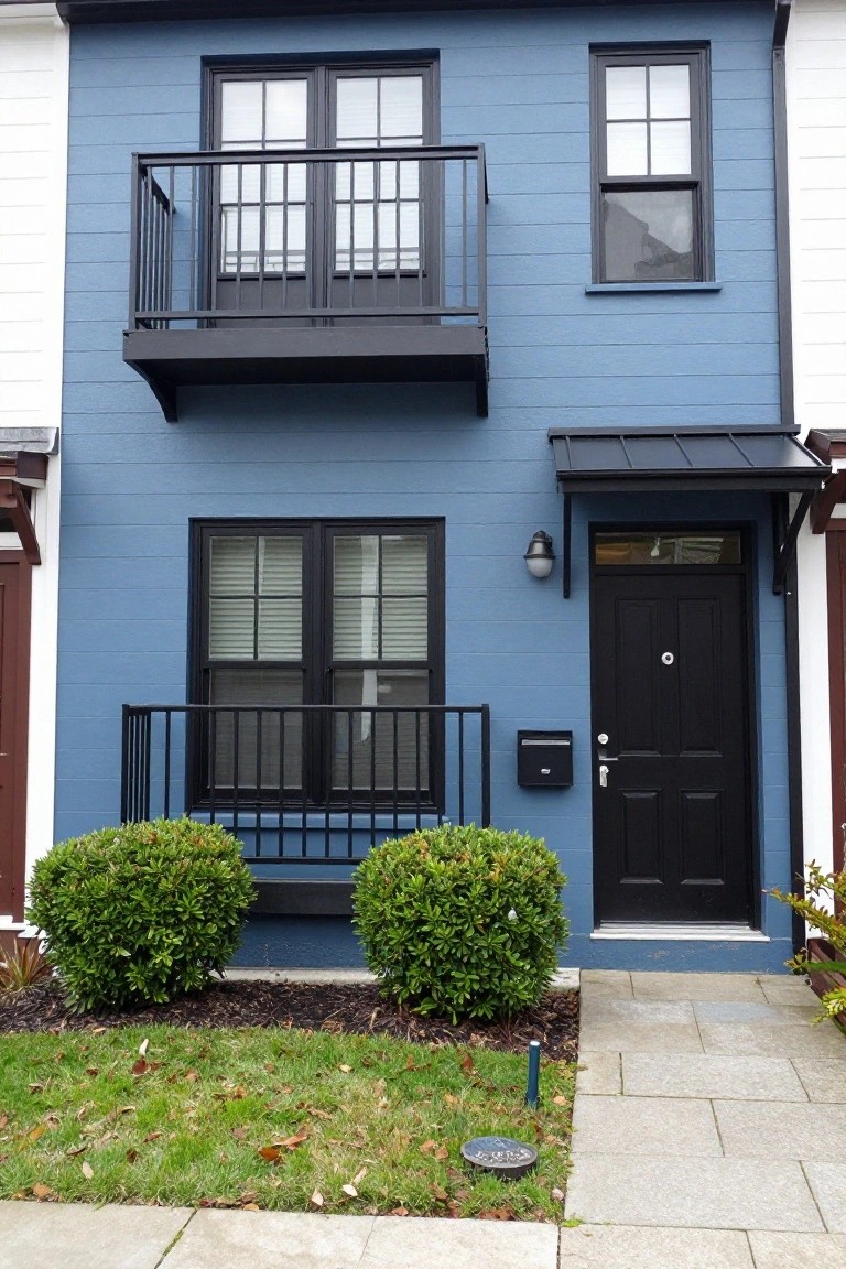 A two-story blue clapboard townhouse with black-framed double-hung windows, a cantilevered black metal balcony, black front door under a metal awning, boxwood shrubs, and a paved front path.