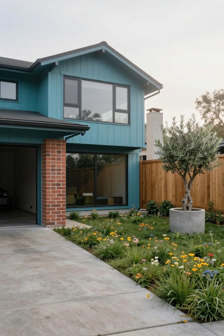 Teal blue vertical siding house exterior with gabled black roof, open garage door supported by red brick pillar, large black-framed windows, concrete driveway edged by wildflowers, and potted olive tree by wooden fence.