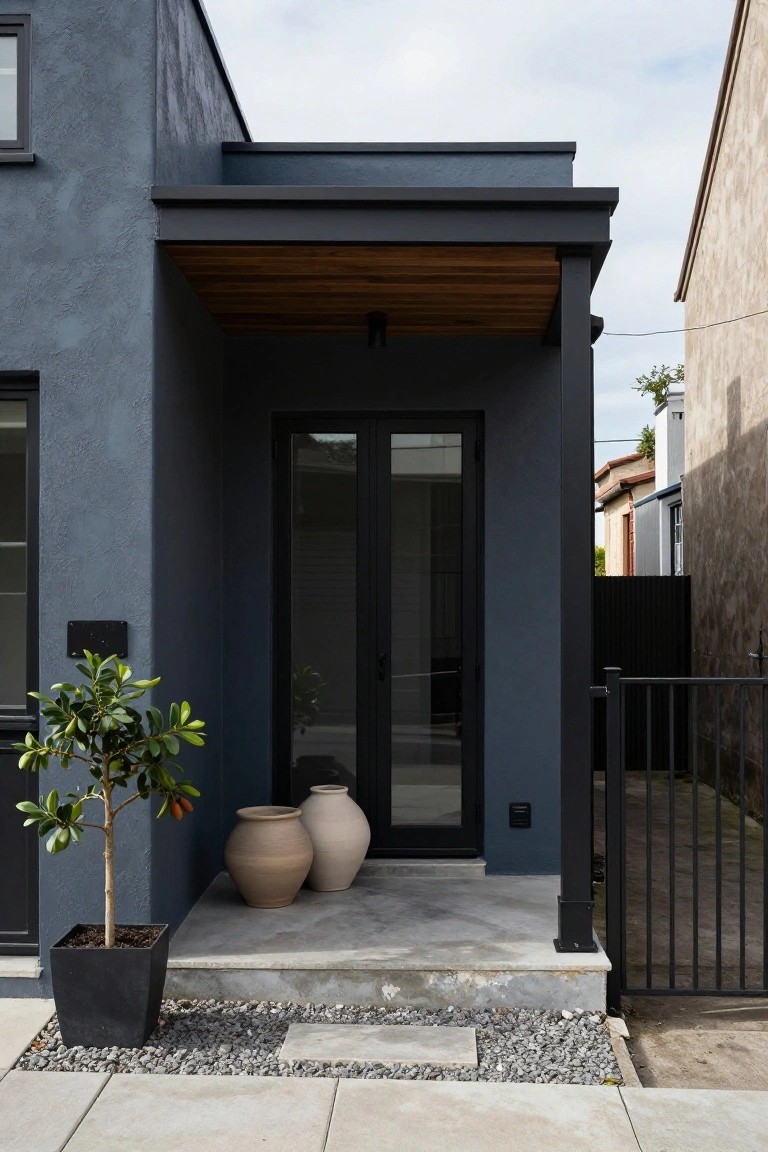 Blue rendered house wall with black framed double glass entry doors under a wooden ceiling porch, two large terracotta pots on concrete steps, potted tree in black pot nearby, and black metal side gate.