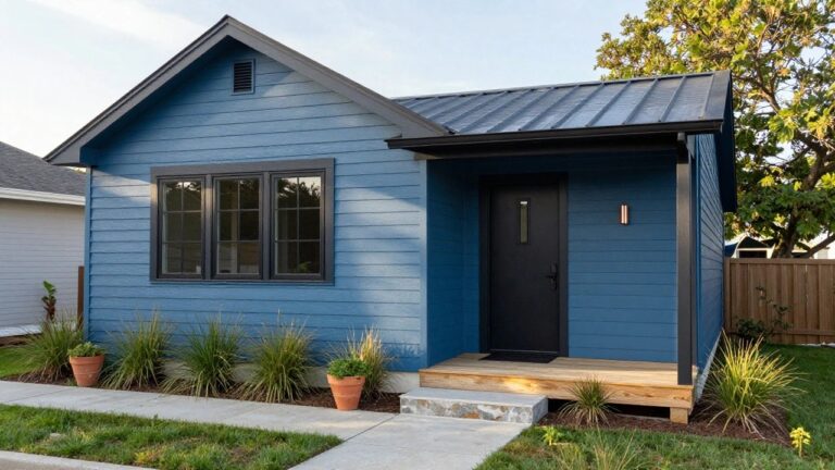 Front view of a blue shingle-style house with black-framed double-hung windows, black front door with horizontal wood trim and brass knob, copper wall sconce, terracotta pot with plant on wooden porch, concrete walkway, and low groundcover plants.