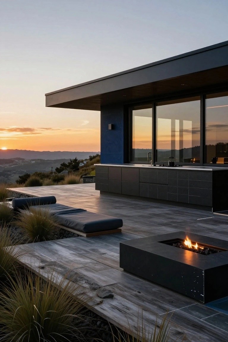 Modern house terrace with dark outdoor kitchen counters against a blue wall, black-framed windows, low loungers, linear black fire pit, grasses, and hillside sunset view.