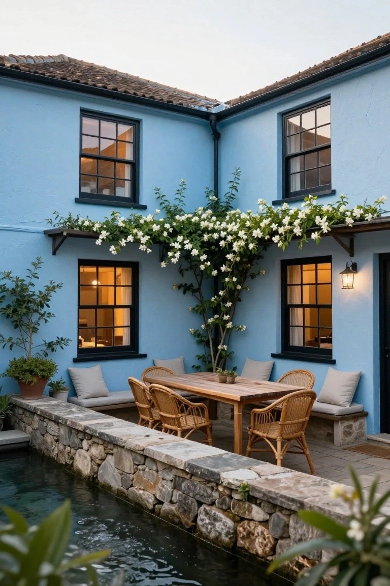 Corner terrace of a light blue house with black-framed windows and climbing white-flowered vine on a trellis, wooden dining table with four rattan chairs and gray cushions on a bench, potted plants, stone wall bordering a narrow rectangular pool.