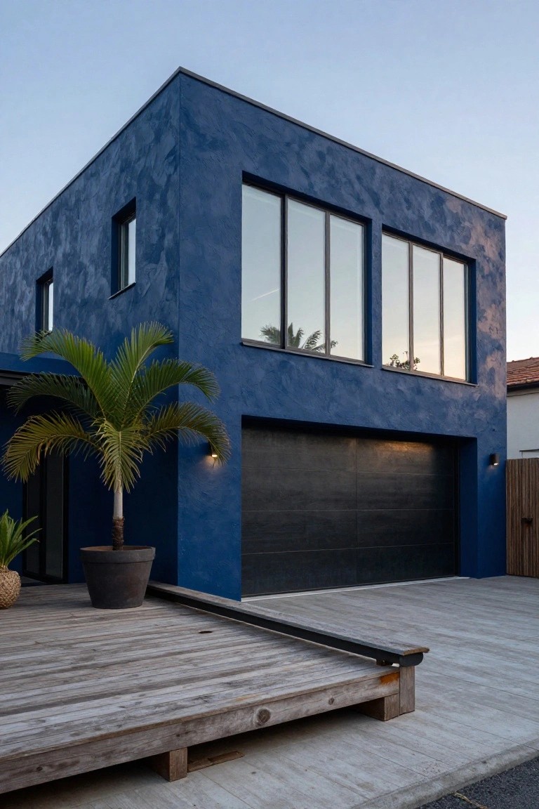 Corner view of a deep blue textured stucco house exterior with large black-framed windows, black garage door, potted palm tree in a black pot, wooden deck, and adjacent fence.
